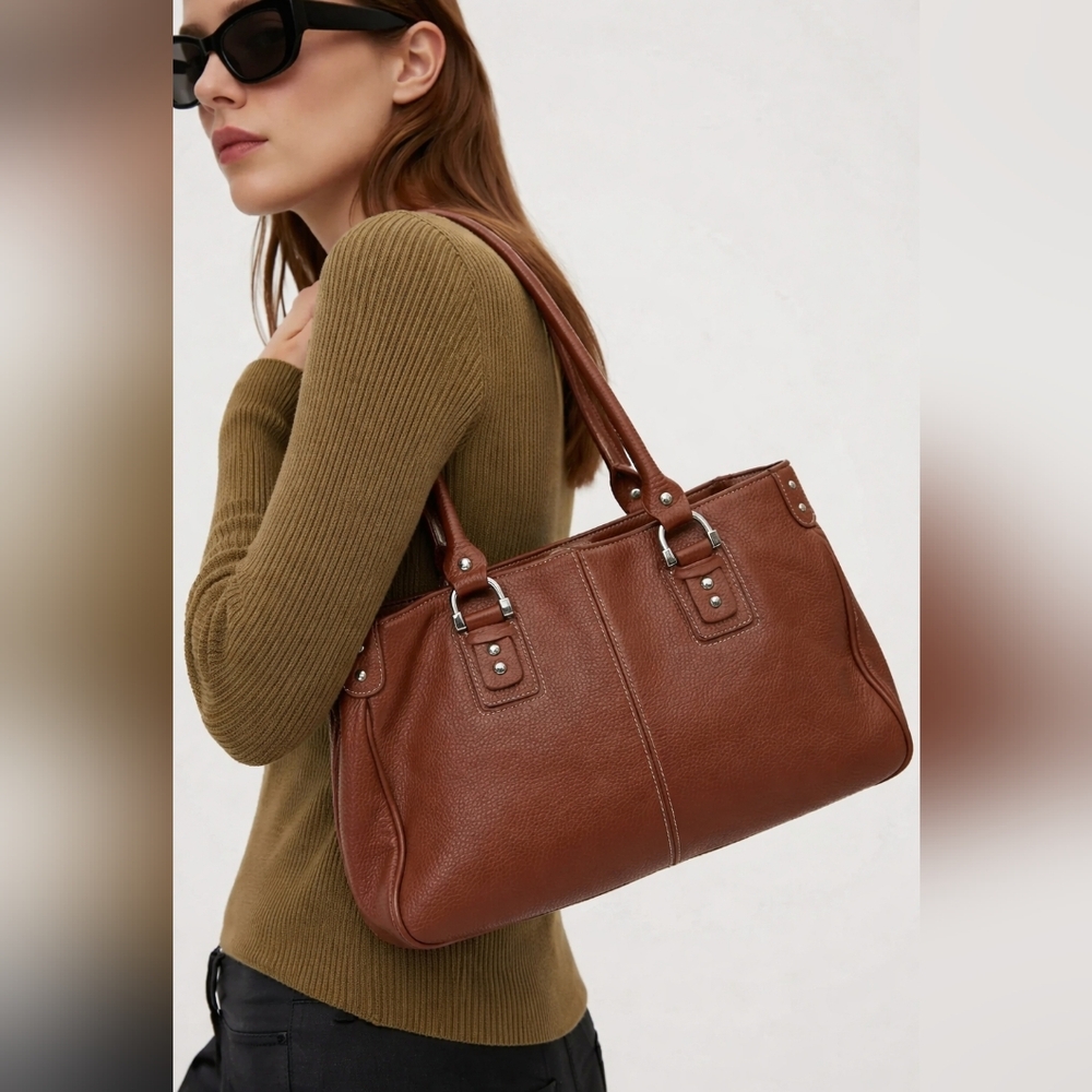 Tignanello Brown Cognac Pebbled Learher Shoulder Bag Purse